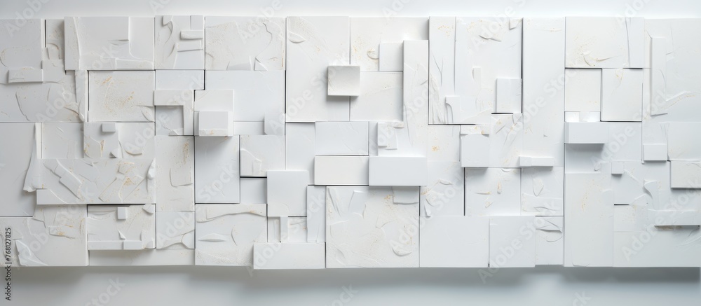 Poster a white wall adorned with a multitude of ceramic squares, meticulously installed using spacers, glue