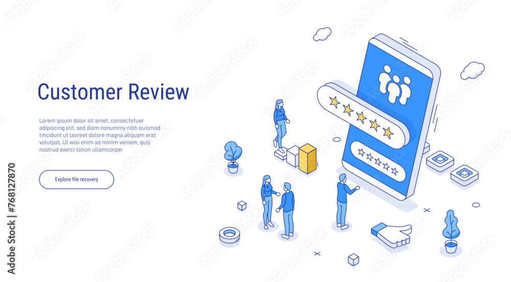 Poster online review concept in isometric vector illustration. customer survey or reputation rating via mob