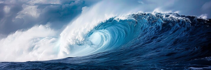 Majestic colossal ocean wave towering under clear blue sky, side view perspective on a sunny day
