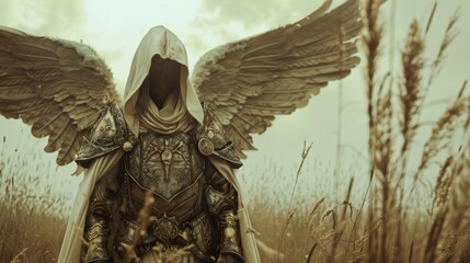  Tall white cloaked Angel with wings wearing armor in a field in a Eerie Scary Style created with Generative AI Technology - obrazy, fototapety, plakaty