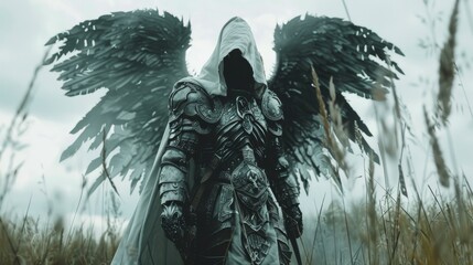  Tall white cloaked Angel with wings wearing armor in a field in a Eerie Scary Style created with Generative AI Technology - obrazy, fototapety, plakaty