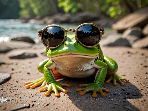 portrait of a frog wearing sunglass