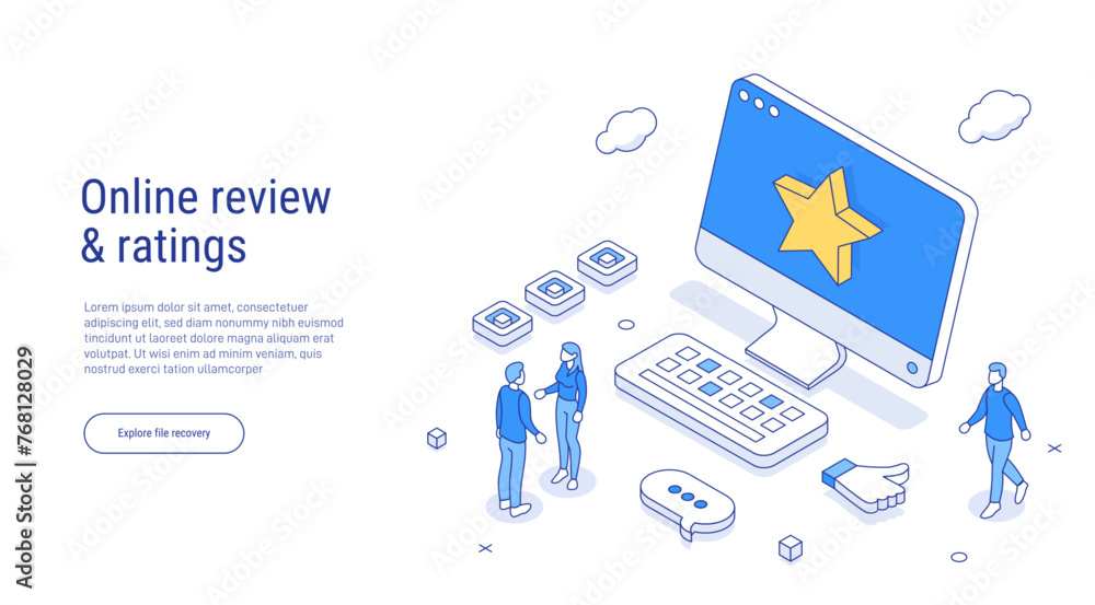 Poster online review concept in isometric vector illustration. customer survey or reputation rating via mob