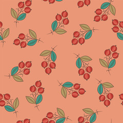 Seamless floral pattern with blooming branches. Red ripe fruits or berries on pink background. Folk style.