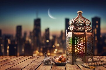 Holy month Ramadan with lantern on desk