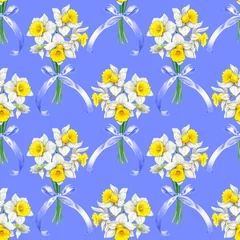 Zelfklevend Fotobehang Seamless pattern of watercolor daffodils flowers bouquet with lavender gift bow. Hand drawn illustration. Botanical hand painted floral elements on lavender background. For print decoration, fabric. © Nataliia