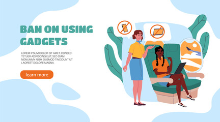 Ban on using gadgets poster. Women sitting in airplane. Prohibition to use laptops and smartphones inside plane. Landing webpage design. Stewardess and passenger. Cartoon flat vector illustration