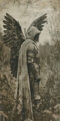  Tall white cloaked Angel with wings wearing armor in a field in a Eerie Scary Style created with Generative AI Technology