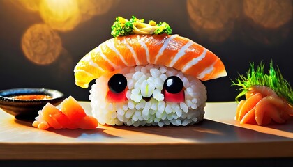 animated character in the shape of sushi, pure happiness, tasty sushi made in a restaurant, macro, colorful, wonderful background, super detailed