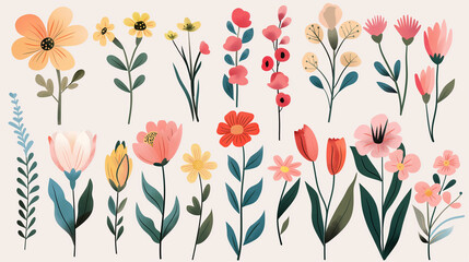 Hand drawn abstract wildflowers flowers and leaves flat icons set. Floral design with ornaments. Spring flowers blossom. Beautiful bouquet. Color isolated illustrations