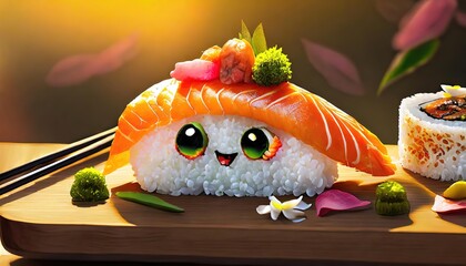 animated character in the shape of sushi, pure happiness, tasty sushi made in a restaurant, macro,...