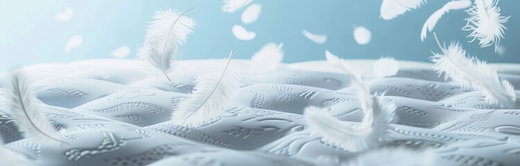 Banner close up of a bed mattress on a light blue background with flying feathers, space for text, background of comfortable bed , quilted white fabric