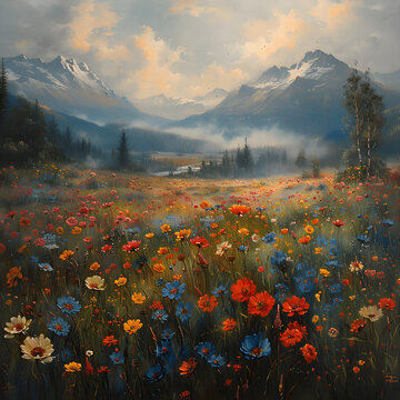 Gemälde verträumte Landschaft: Blumenwiese mit Bergen und Nebel