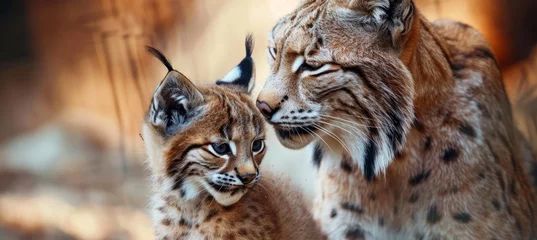 Fotobehang Male lynx and lynx cub portrait, text space, object on right, ideal for personal messages © Ilja