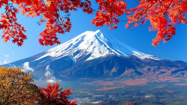 Mtfuji, tallest volcano in tokyo, japan with snow capped peak, autumn red trees, nature landscape