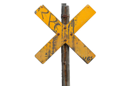 A vibrant yellow railroad crossing sign stands atop a weathered wooden pole
