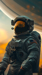 An astronaut in a space suit with a helmet and protective equipment is standing in front of a planet, resembling a fictional character in military camouflage uniform