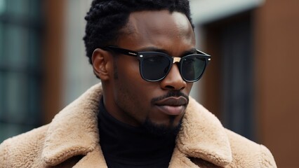 Fototapeta premium Model black man wearing modern beautiful coat and glasses, photoshoot