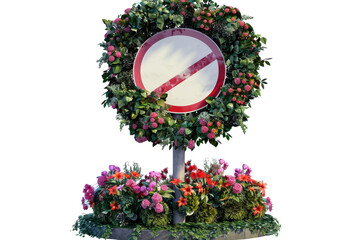 A traffic sign adorned with a wreath of colorful flowers