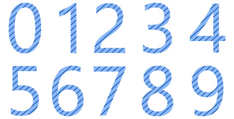 Set of striped numbers isolated on white. Alphabet with numbers. Vector graphic elements for design. Lines. Blue color	