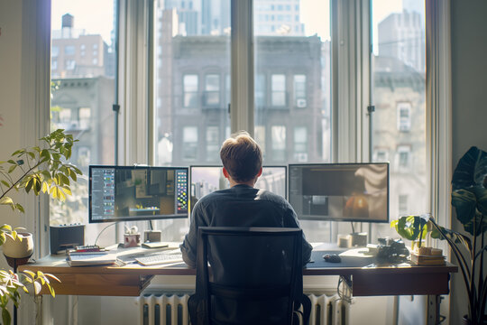 Man working on computer in cozy home office with natural light. Back view. Remote work from home, telecommuting, freelance