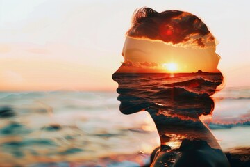 Silhouette head woman. The sun over the sea. Emotional intelligence concept. - obrazy, fototapety, plakaty
