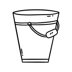 Household bucket with handle. Rustic container for housework. Black and white vector isolated illustration hand drawn. Farming. Vintage rustic bucket doodle icon clip art