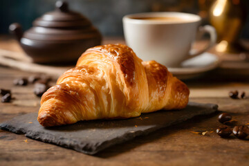 Fresh croissant on a plate with a coffee cup