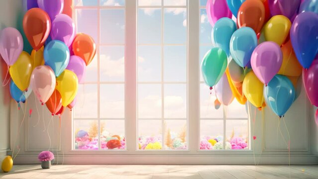 3d rendering of colorful balloons in a room with window view, 3D rendering of colorful balloons in a room with a window in the background, AI Generated