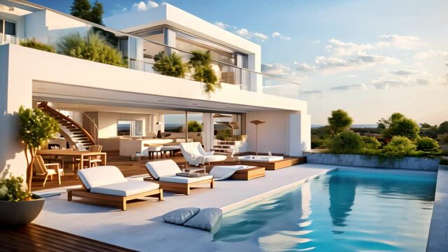 Modern villa with swimming pool, outdoor view, 3d render, 3D rendering portraying a modern house terrace with a swimming pool, AI Generated
