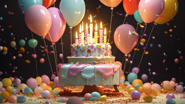 Birthday cake with candles, balloons and confetti on black background, A 3D render showcases a birthday cake with candles, balloons, and confetti, AI Generated