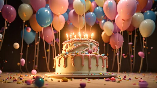 Birthday cake with candles, balloons and confetti on wooden table, A 3D render showcases a birthday cake with candles, balloons, and confetti, AI Generated