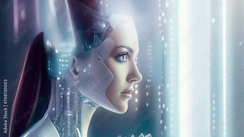 Poster 3d rendering of female cyborg with digital brain on blue background, a 3d rendering features a femal