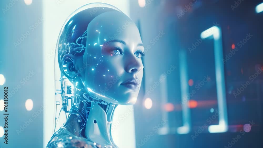 Poster 3d rendering robot artificial intelligence in blue light modern futuristic space background, a 3d re
