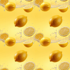 Seamless pattern with fresh juicy lemons and water splashes