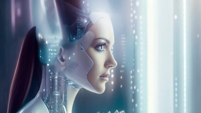 3d rendering of female cyborg with digital brain on blue background, A 3D rendering features a female robot with a hologram screen against a blue background, AI Generated