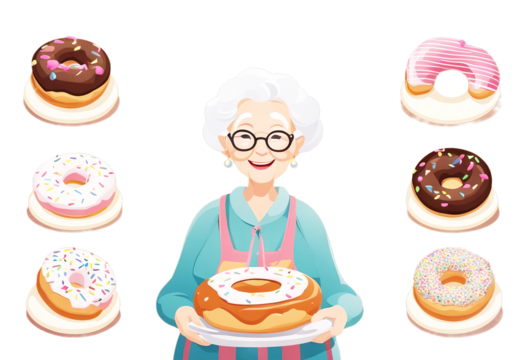 Grandmother day Cute character donuts background Happy white delicious illustration holding cartoon Vector Grandparent's Woman Food People Family