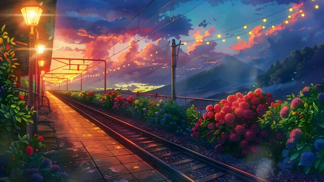 Picturesque train station surrounded by colorful flowers and a stationary train. Seamless Looping 4k Video Animation