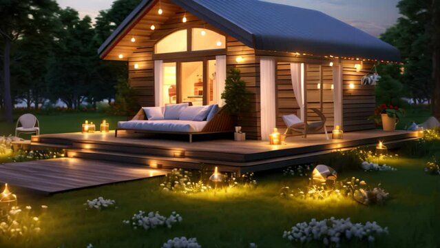 3d rendering of modern cozy chalet in garden at night, A 3D rendering features a small house on the grass with a lot of lights, AI Generated