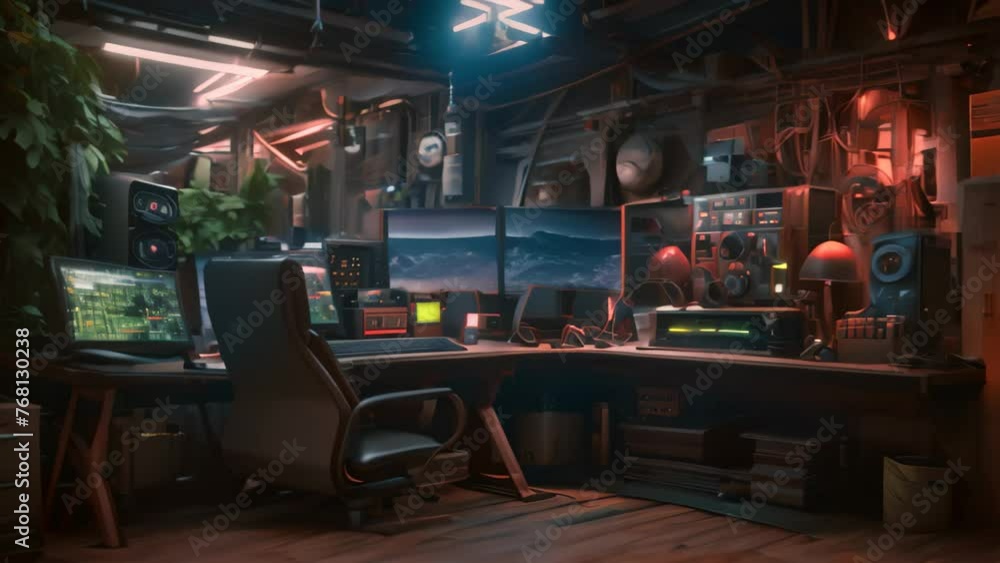Poster 3d rendering of a computer room in a shipyard at night, a 3d rendering features a small house on the