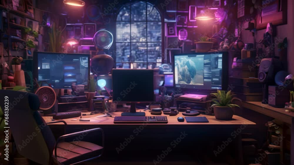 Poster conceptual image of a dark room with a lot of objects, a 3d rendering features a small house on the 
