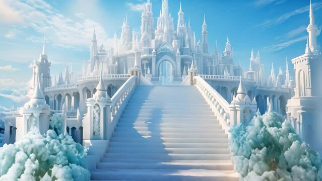 Fantasy landscape with fantasy castle and stairway. 3d render, A beautiful architectural castle with large steps on the stairs surrounded by ice and water under a clear sky, AI Generated