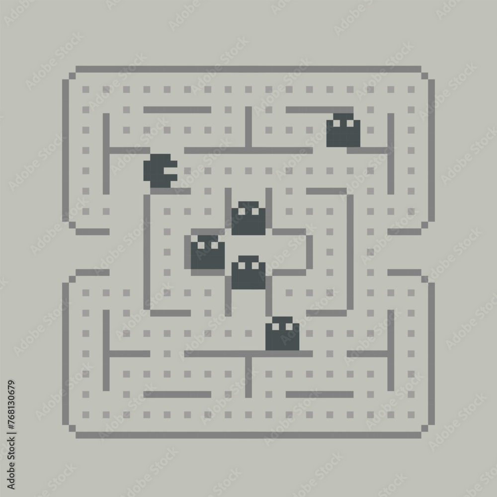 Poster Retro pixel video game scene screen or poster. Abstract labirint arcade game concept in geek pixel graphics in 80s -90s style . Simple pixel game elements. Editable vector template