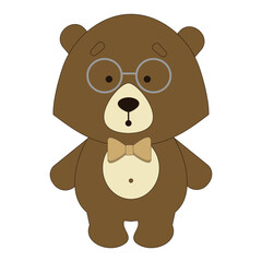 Cute bear in cartoon style, with glasses and butterfly, symmetry, vector