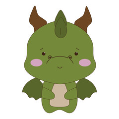 Cute green dragon in cartoon style, smiling, symmetry, vector