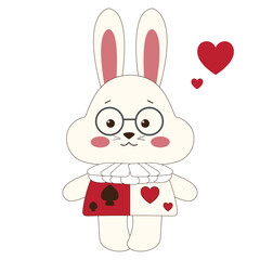 Cute bunny in cartoon style, with glasses and cards symbol, fairy bunny in a hurry, symmetry, vector, Alice
