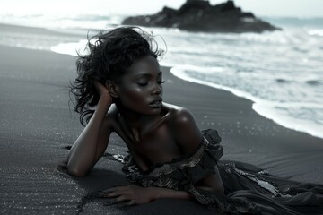 Majestic woman in black dress by sea