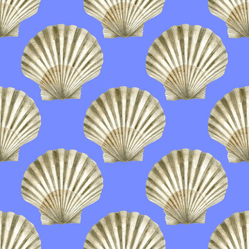 Seamless pattern of watercolor Seashell. Hand drawn illustration of sea Shell on lavender background. Colorful drawing of Scallop. Ocean Cockleshell marine underwater. For print decoration, fabric