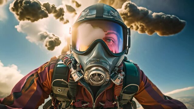 Astronaut in helmet and gas mask flying in the sky, A brave skydiver in the open air, full face covered with masks, AI Generated