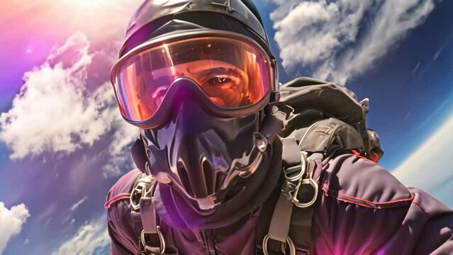Portrait of a man in a gas mask on a background of blue sky, A brave skydiver in the open air, full face covered with masks, AI Generated